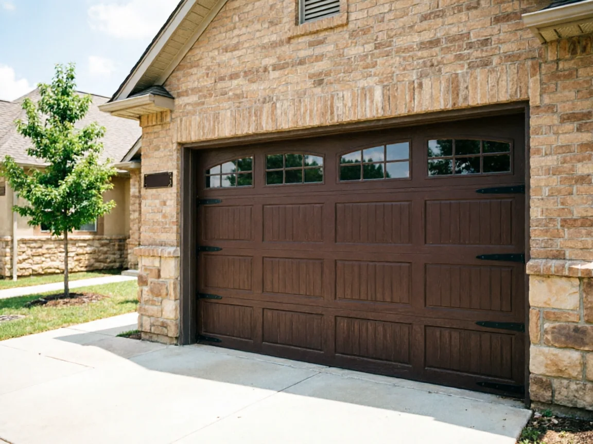 A brown garage door with windows is set in a brick house.