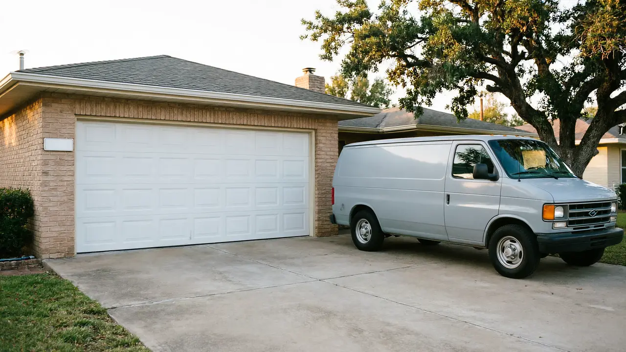Installer fitting a white garage door on a rustic barn-wood garage, panels stacked on the gravel