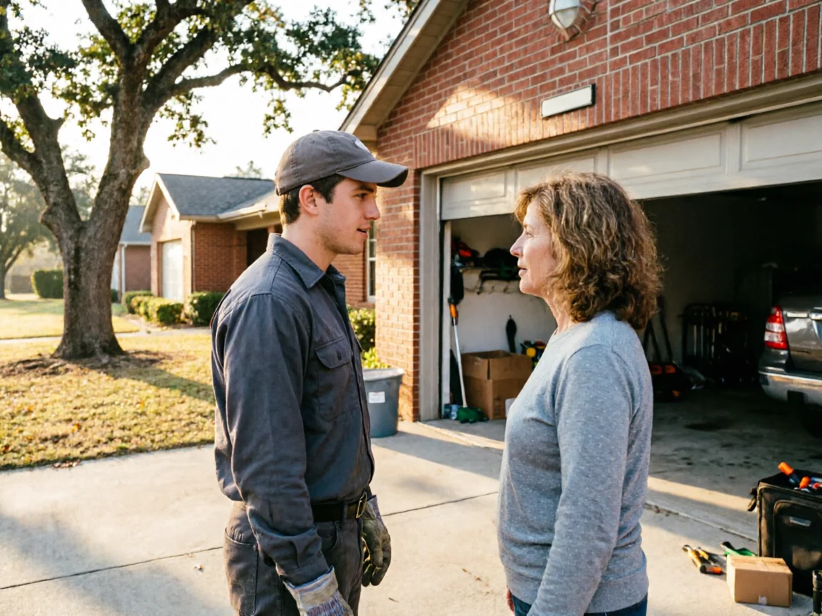 A technician in a cap talks to a woman in front of a brick house.