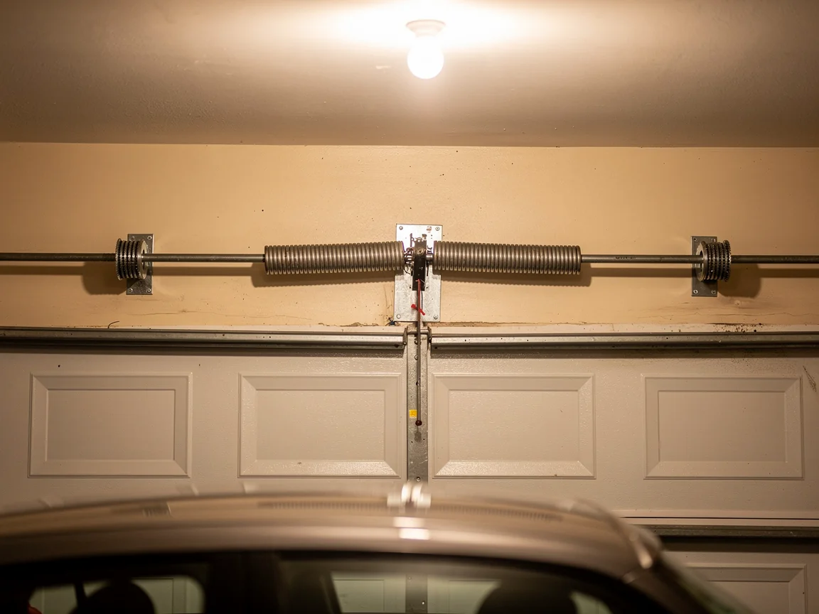The torsion spring is mounted above a white garage door with a car in the foreground.