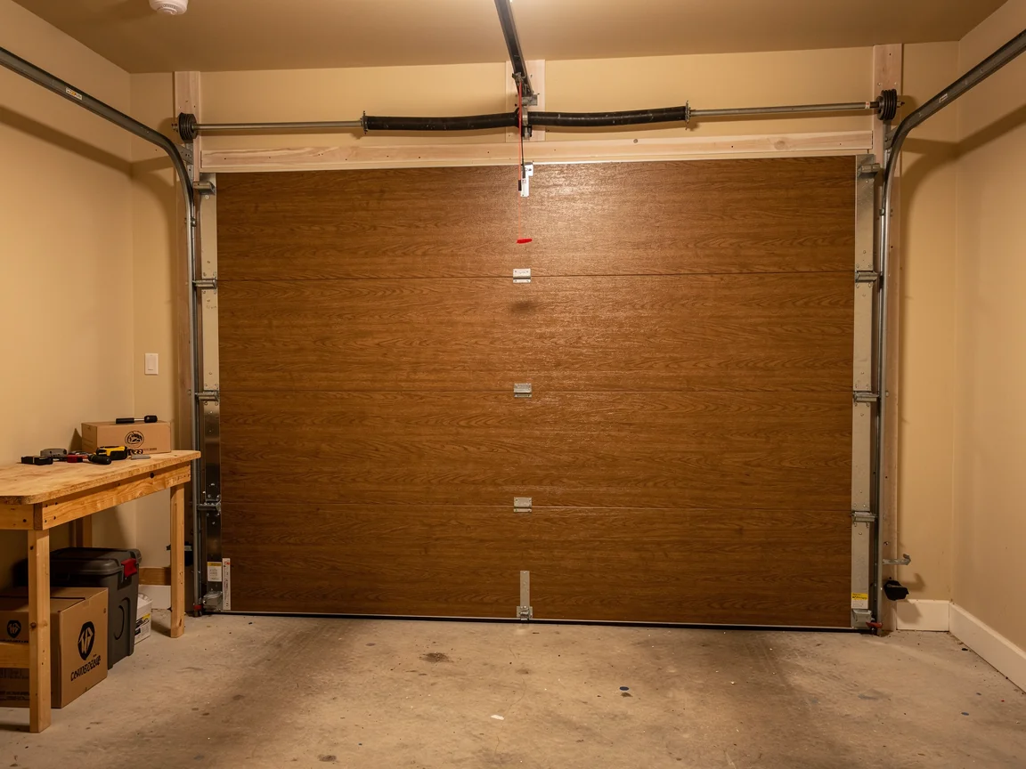 A brown wood-grain garage door is closed inside a garage.