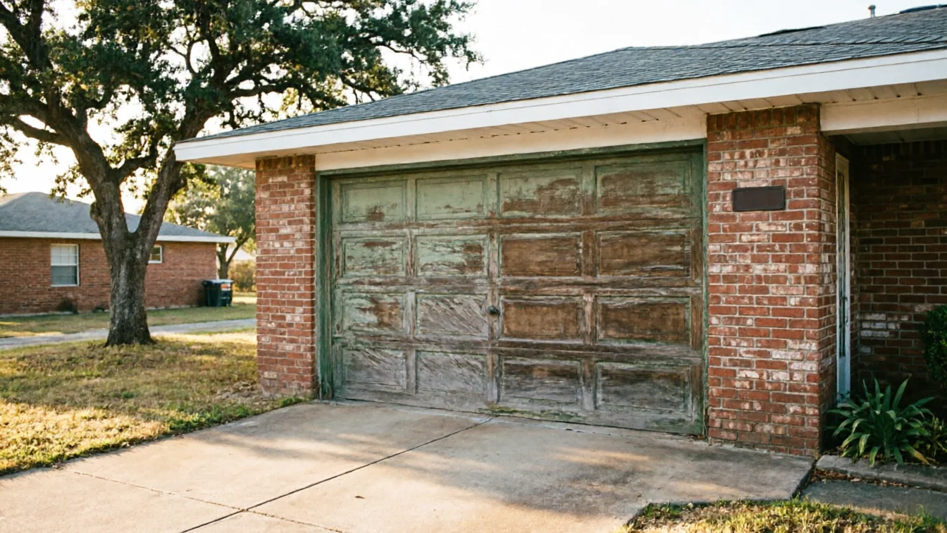 The weathered green garage door is on a brick house with a large tree nearby.