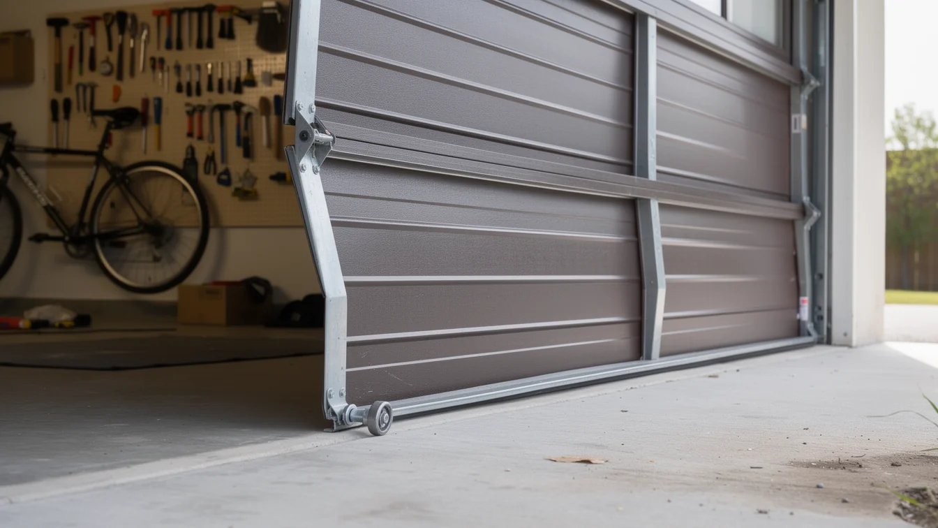 A brown garage door is partially open, showing the interior of a garage.